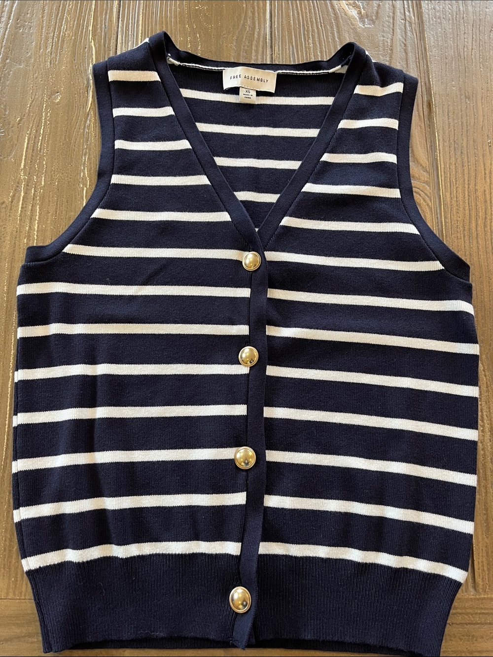 Free Assembly Navy and White Striped Sleeveless Top with Gold Buttons